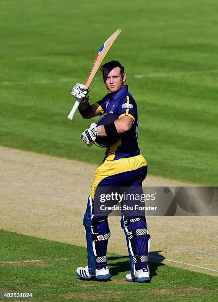 Glamorgan batsman Colin Ingram celebrates after reaching his century during the Royal London One-Day cup match between Glamorgan and Essex at SWALEC...