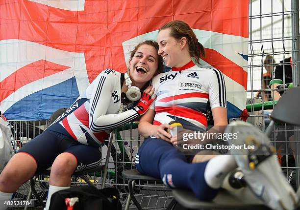 Rider Hannah Dines jokes with WC4 Rider Elizabeth Saul of Great Britain during the Time Trials on Day 2 of the UCI Para-Cycling Road World...