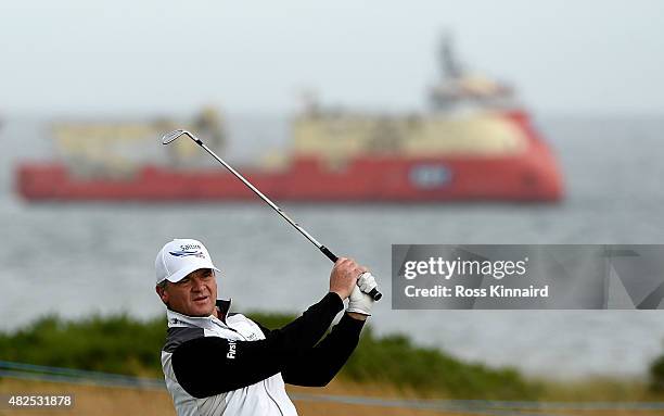 Paul Lawrie of Scotland on the par four 18th hole in his match against Chris Doak of Scotland during round 2 of the Saltire Energy Paul Lawrie...