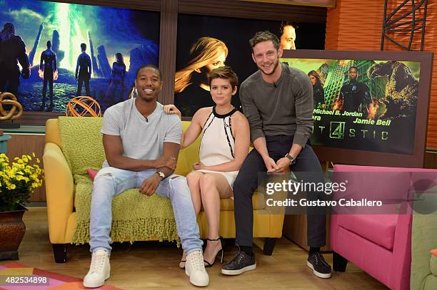 Michael B. Jordan, Kate Mara and Jamie Bell are seen on the set of Despierta America to promote the film "Fantastic Four"at Univision Studios on July...