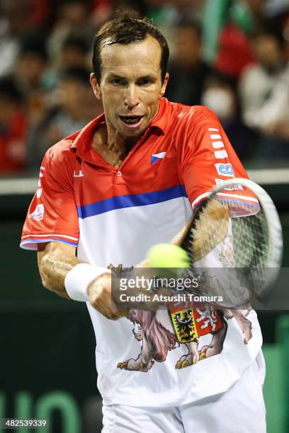 Radek Stepanek of Czech Republic in action against Tatsuma Ito of Japan in a match between Japan v Czech Republic during the Davis Cup world group...