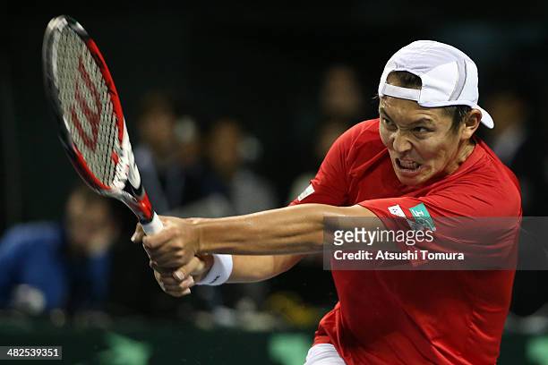 Tatsuma Ito of Japan in action against Radek Stepanek of Czech Republic in a match between Japan v Czech Republic during the Davis Cup world group...