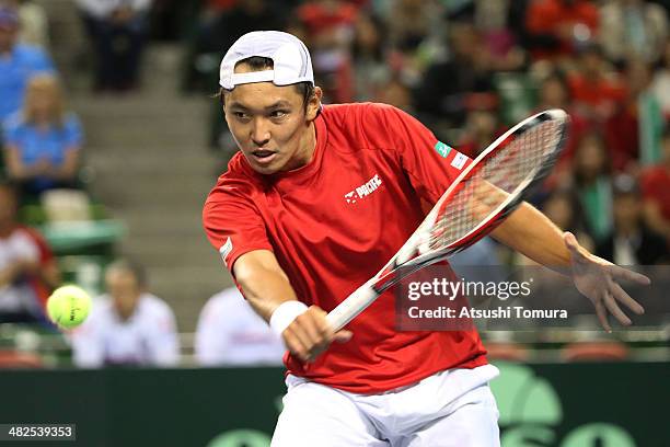 Tatsuma Ito of Japan in action against Radek Stepanek of Czech Republic in a match between Japan v Czech Republic during the Davis Cup world group...