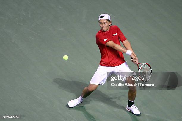 Tatsuma Ito of Japan in action against Radek Stepanek of Czech Republic in a match between Japan v Czech Republic during the Davis Cup world group...