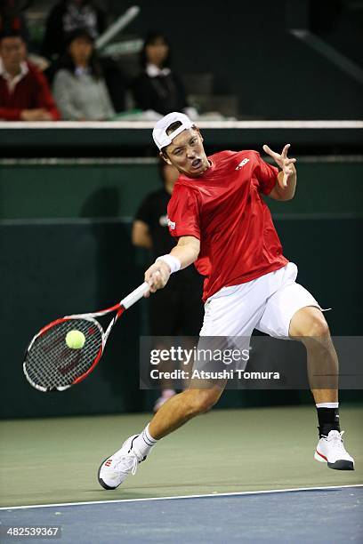 Tatsuma Ito of Japan in action against Radek Stepanek of Czech Republic in a match between Japan v Czech Republic during the Davis Cup world group...