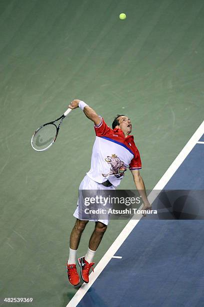 Radek Stepanek of Czech Republic serves against Tatsuma Ito of Japan in a match between Japan v Czech Republic during the Davis Cup world group...