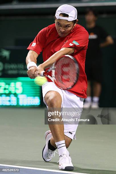 Tatsuma Ito of Japan in action against Radek Stepanek of Czech Republic in a match between Japan v Czech Republic during the Davis Cup world group...