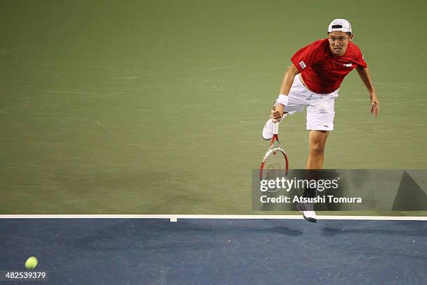 Tatsuma Ito of Japan serves against Radek Stepanek of Czech Republic in a match between Japan v Czech Republic during the Davis Cup world group...