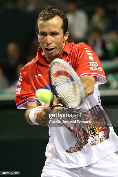 Radek Stepanek of Czech Republic in action against Tatsuma Ito of Japan in a match between Japan v Czech Republic during the Davis Cup world group...