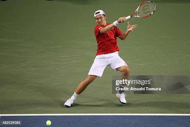 Tatsuma Ito of Japan in action against Radek Stepanek of Czech Republic in a match between Japan v Czech Republic during the Davis Cup world group...