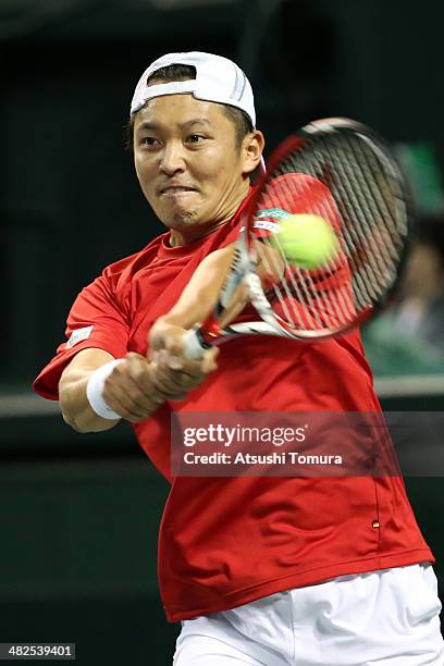 Tatsuma Ito of Japan in action against Radek Stepanek of Czech Republic in a match between Japan v Czech Republic during the Davis Cup world group...