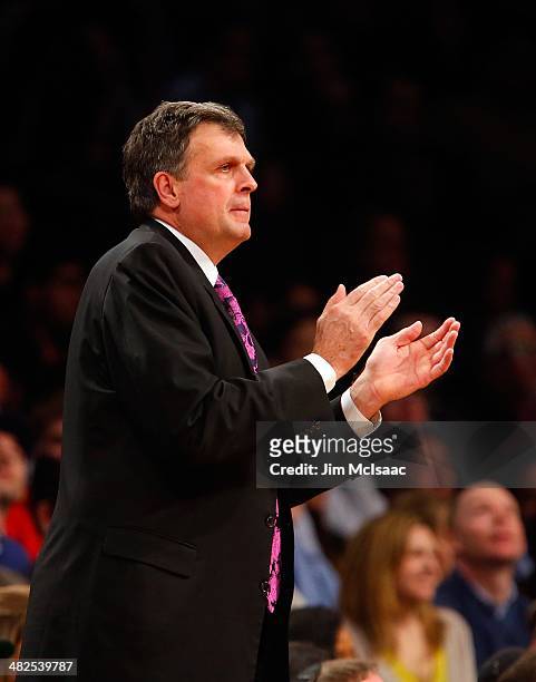 Head coach Kevin McHale of the Houston Rockets in action against the Brooklyn Nets at Barclays Center on April 1, 2014 in the Brooklyn borough of New...