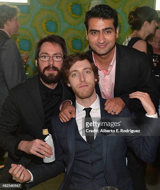 Actors Martin Starr, Thomas Middleditch and Kumail Nanjiani attend the after party for the Premiere of HBO's "Silicon Valley" at Paramount Studios on...