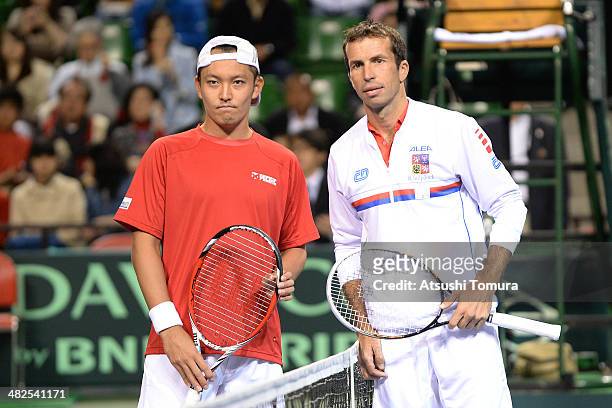 Tatsuma Ito of Japan and Radek Stepanek of Czech Republic pose for photographers before the match between Japan v Czech Republic during the Davis Cup...