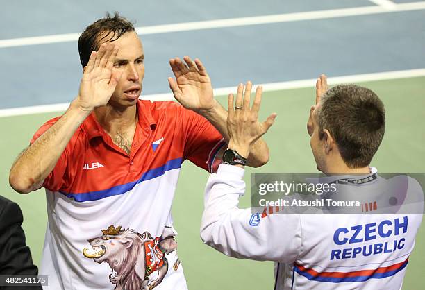 Radek Stepanek of Czech Republic celebrate with his team mate after winning the match against Tatsuma Ito of Japan in a match between Japan v Czech...