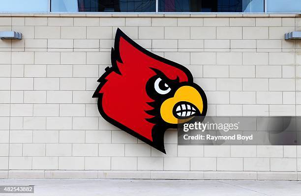 Louisville Cardinals logo at the KFC YUM Center, home of the Louisville Cardinals basketball team on July 16, 2015 in Louisville, Kentucky.