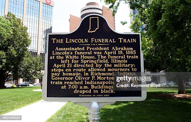 Lincoln Funeral Train historical marker outside the Indiana State Capitol Building historic marker on July 16, 2015 in Indianapolis, Indiana.