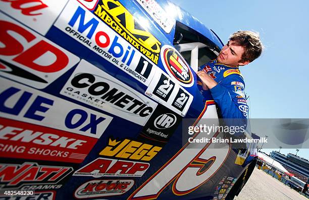 Nick Drake, driver of the Carlyle Tools Toyota, during practice for the NASCAR K&N Pro Series #ThanksKenney 150 race, at Iowa Speedway on July 31,...