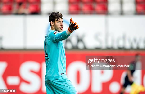 Marius Mueller ) during the 2. Bundesliga match between 1. FC Kaiserslautern and Eintracht Braunschweig at Fritz-Walter-Stadion on July 31, 2015 in...