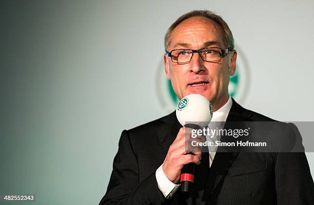 Andreas Mueller holds a speech during the Coaching And Technical Development Course Awards Ceremony at Kameha Grand Hotel on April 3, 2014 in Bonn,...