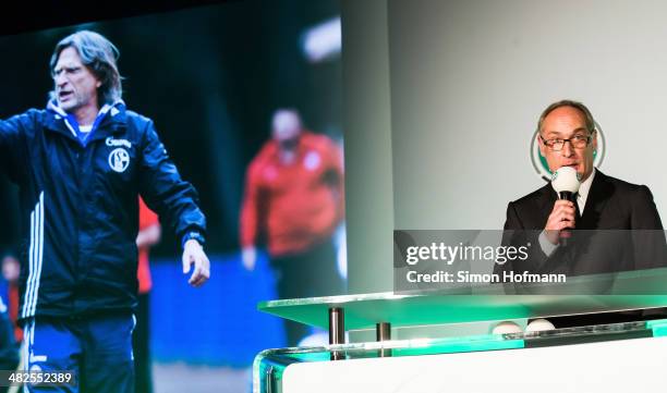 Andreas Mueller holds a speech during the Coaching And Technical Development Course Awards Ceremony at Kameha Grand Hotel on April 3, 2014 in Bonn,...