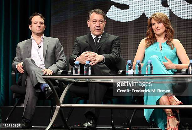 Executive producer Craig DiGregorio, executive producer/director Sam Raimi, and actress Lucy Lawless speak onstage during the 'Ash vs. Evil Dead'...