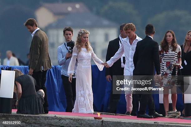 Beatrice Borromeo and Pierre Casiraghi are seen arriving at Wedding Welcome Party on July 31, 2015 in ISOLA MADRE, Italy.