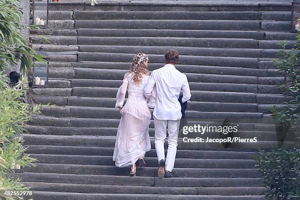 Beatrice Borromeo and Pierre Casiraghi are seen arriving at Wedding Welcome Party on July 31, 2015 in ISOLA MADRE, Italy.