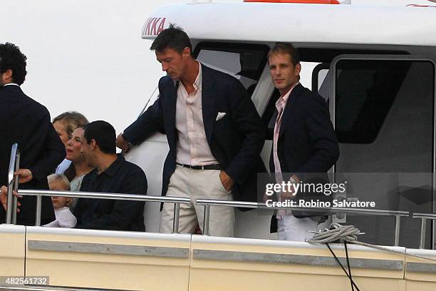 Andrea Casiraghi sighted during the wedding celebrations of Pierre Casiraghi and Beatrice Borromeo on July 31, 2015 in Isola Madre, Italy.