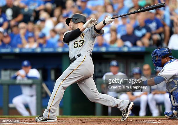 Brent Morel of the Pittsburgh Pirates bats in the second inning of a game against the Kansas City Royals at Kauffman Stadium on July 21, 2015 in...