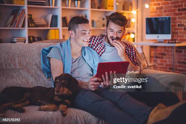 young gay couple. - couple watching a movie bildbanksfoton och bilder