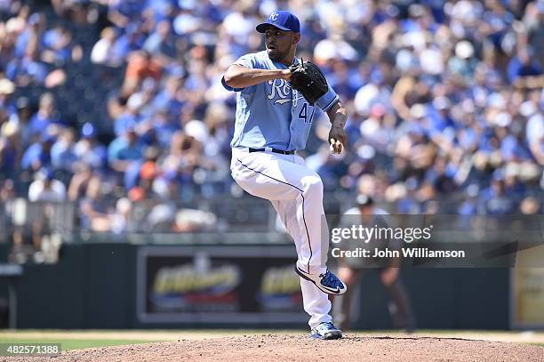 Franklin Morales of the Kansas City Royals pitches against the Houston Astros on July 26, 2015 at Kauffman Stadium in Kansas City, Missouri. The...