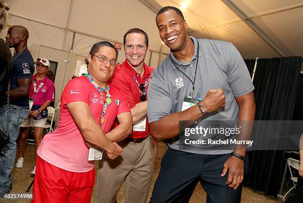 Jason Collins visits with Special Olympics Athletes at The Starkey Hearing Foundation Healthy Hearing Clinic at USC on July 31, 2015 in Los Angeles,...