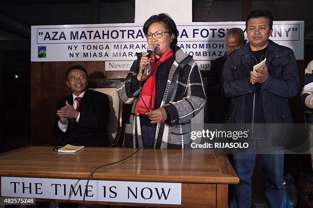 The wife of former president of Madagascar Marc Ravalomanana , Lalao Ravalomanana , candidate for mayor of Antananarivo, talks to her supporters at...