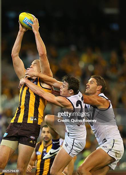 David Hale of the Hawks marks infront of Lachie Neale and Aaron Sandilands of the Dockers during the round three AFL match between the Hawthorn Hawks...