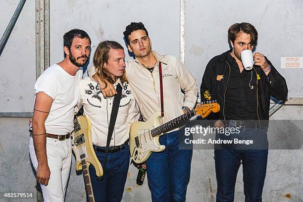 Pete Robertson, Arni Amason, Freddie Cowan and Justin Hayward-Young of The Vaccines pose backstage at Kendal Calling Festival on July 31, 2015 in...