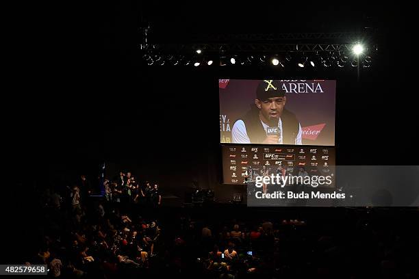 Featherweight Champion Jose Aldo, Heavyweight Champion Fabricio Werdum and Lightweight Champion Rafael dos Anjos of Brazil interact with fans during...