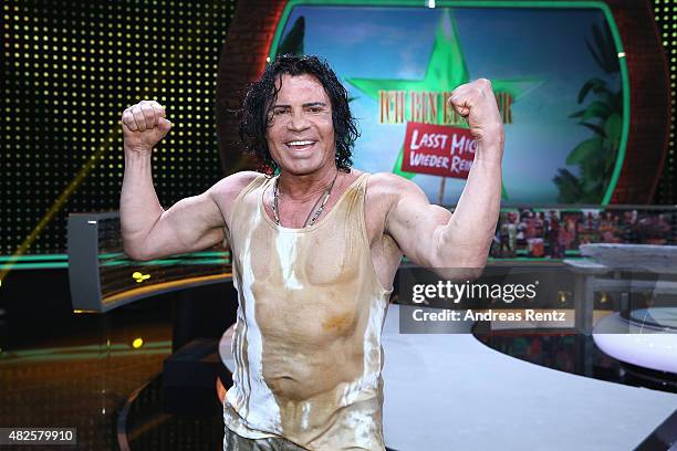 Costa Cordalis celebrates after winning the 1st live show of the television show 'Ich bin ein Star - lasst mich wieder rein!' on July 31, 2015 in...