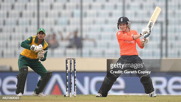 Sarah Taylor of England bats during the ICC Womens World Twenty20 Bangladesh 2014 semi final between England and South Africa at Sher-e-Bangla Mirpur...