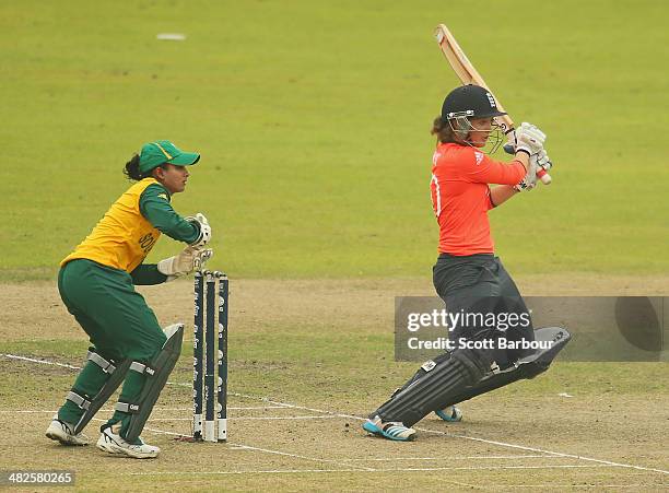 Sarah Taylor of England bats during the ICC Women's World Twenty20 Bangladesh 2014 2nd Semi-Final match between England Women and South Africa Women...