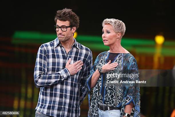 Hosts Daniel Hartwich and Sonja Zietlow attend the 1st live show of the television show 'Ich bin ein Star - lasst mich wieder rein!' on July 31, 2015...