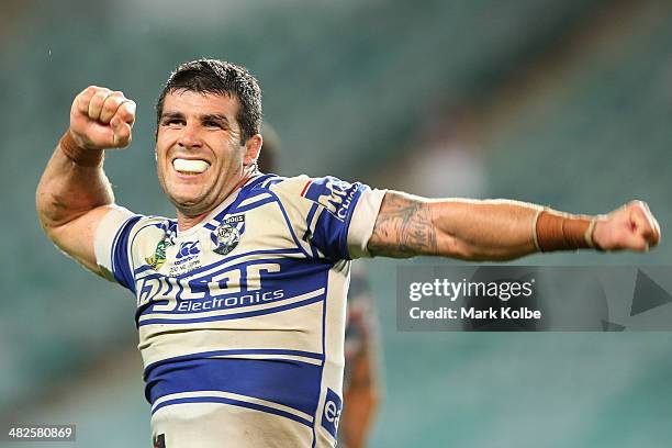 Michael Ennis of the Bulldogs celebrates victory during the round five NRL match between the Sydney Roosters and Canterbury-Bankstown Bulldogs at...