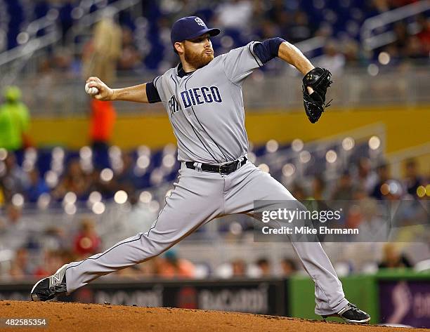 Ian Kennedy of the San Diego Padres pitches during a game against the Miami Marlins at Marlins Park on July 31, 2015 in Miami, Florida.