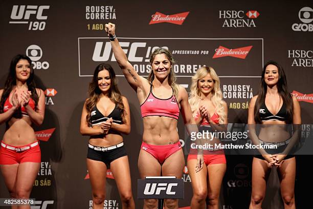 Bethe Correia of Brazil steps onto the scale during the UFC 190 Rousey v Correia weigh-in at HSBC Arena on July 31, 2015 in Rio de Janeiro, Brazil.
