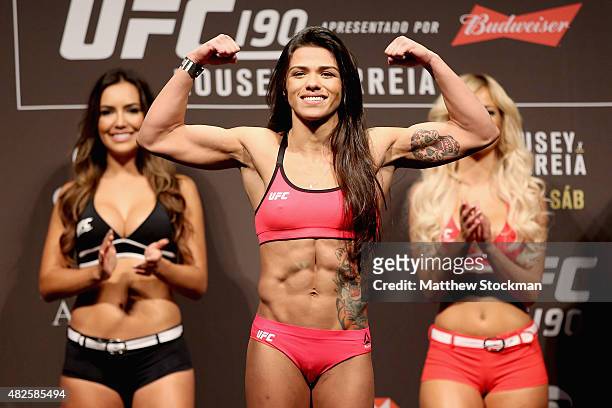 Claudia Gadelha of Brazil steps onto the scale during the UFC 190 Rousey v Correia weigh-in at HSBC Arena on July 31, 2015 in Rio de Janeiro, Brazil.
