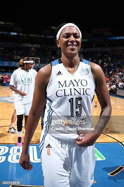 Asjha Jones of the Minnesota Lynx celebrates after the game against the Atlanta Dream on July 31, 2015 at Target Center in Minneapolis, Minnesota....