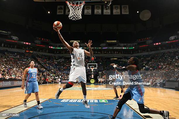 Asjha Jones of the Minnesota Lynx goes to the basket against the Atlanta Dream on July 31, 2015 at Target Center in Minneapolis, Minnesota. NOTE TO...