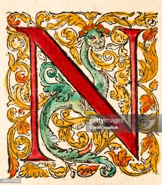 illuminated capital letter, antique 16th century illustration - illuminated alphabet stock illustrations