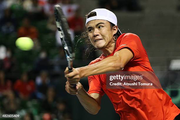 Taro Daniel of Japan in action against Lukas Rosol of Czech Republic in a match between Japan v Czech Republic during the Davis Cup world group...