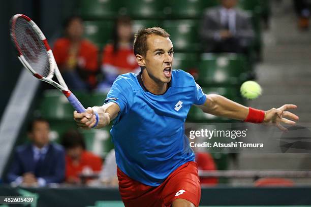 Lukas Rosol of Czech Republic in action against Taro Daniel of Japan in a match between Japan v Czech Republic during the Davis Cup world group...